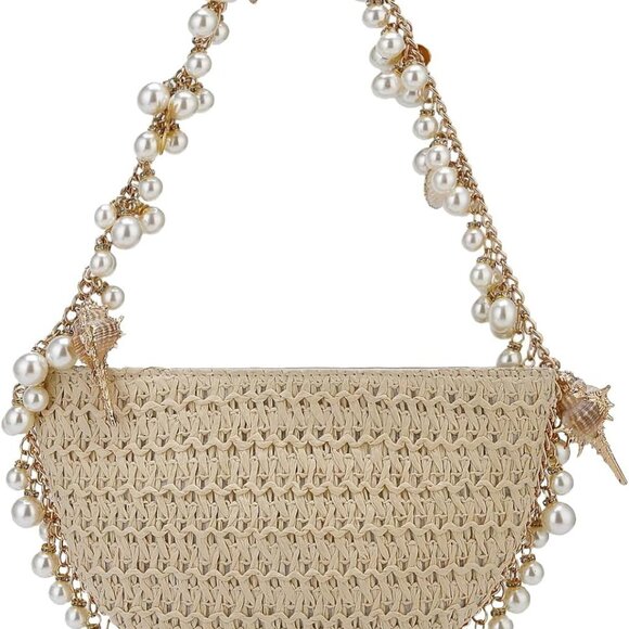Women Straw Shoulder Bag Pearl Conch Summer Beach Handbag 3-in-1 Chic - Picture 1 of 6